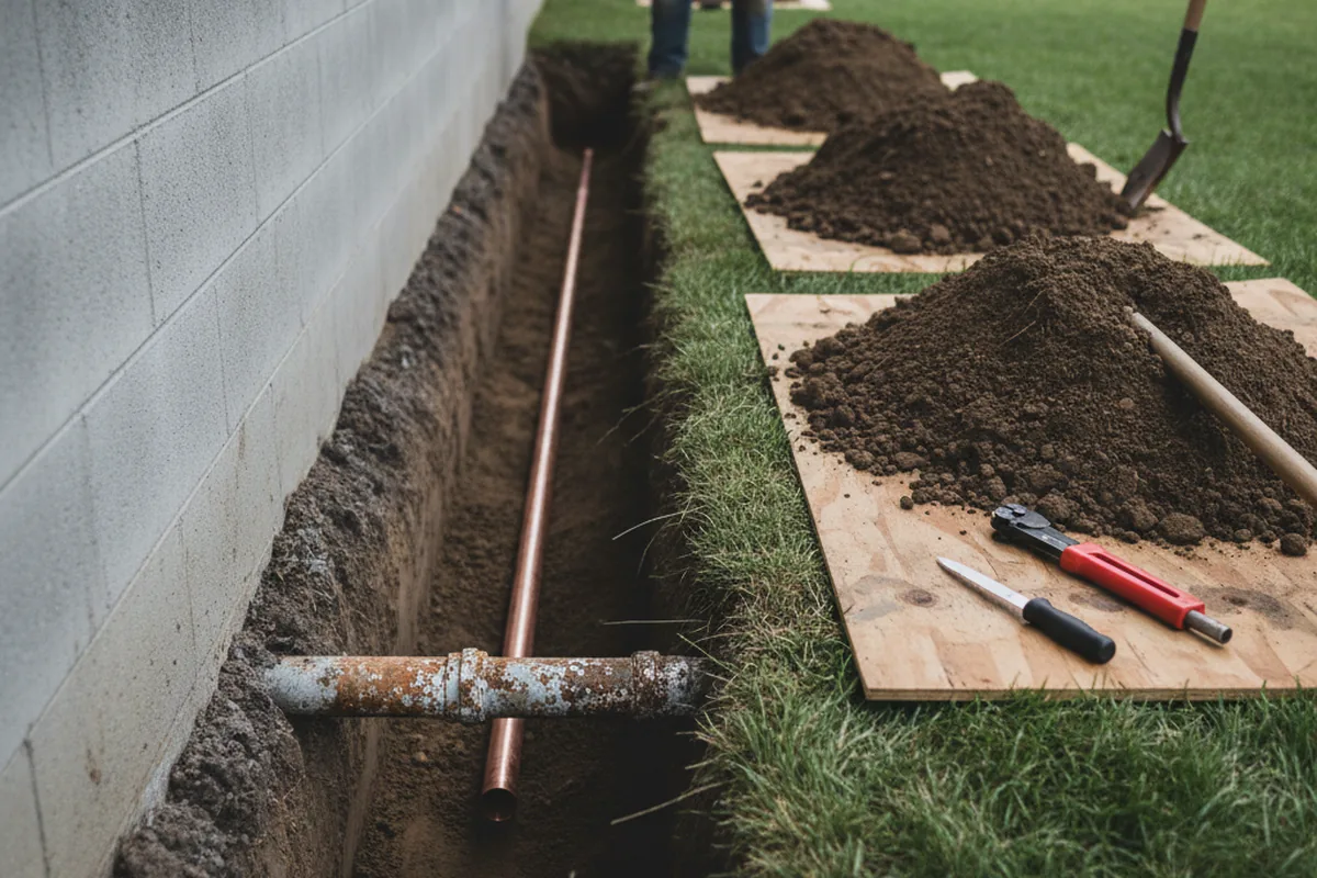 Excavated water line trench during Water Softener Installation in Norman